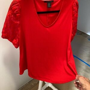 Tahari Vivid Red Blouse with Textured Sleeves